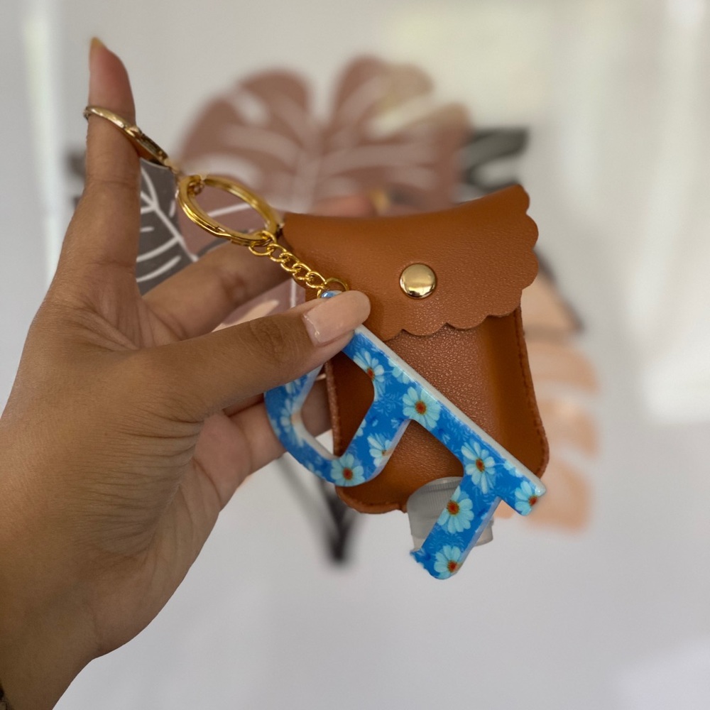 Vegan leather sanitizer keychain + button pusher